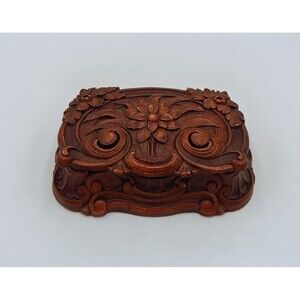 Syroco Wood Art Nouveau Cigarette Jewelry Box Carved Flower Trinket Lidded USA